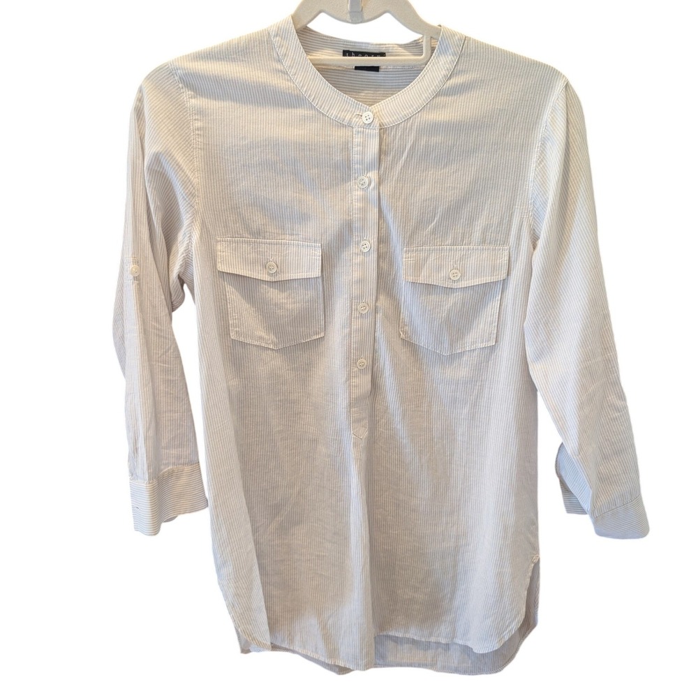 Theory Womens Cotton Micro Stripe Roll Tab Sleeve Band Collar Tunic Shirt Small